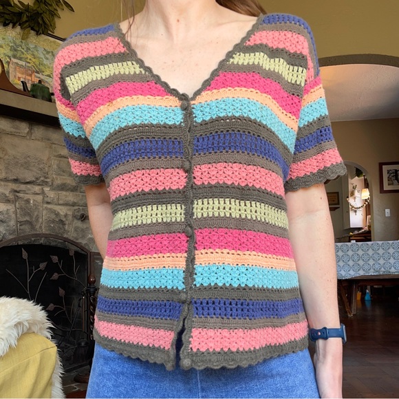 Vintage Tops - Vintage 90s crochet button front top open weave white stag